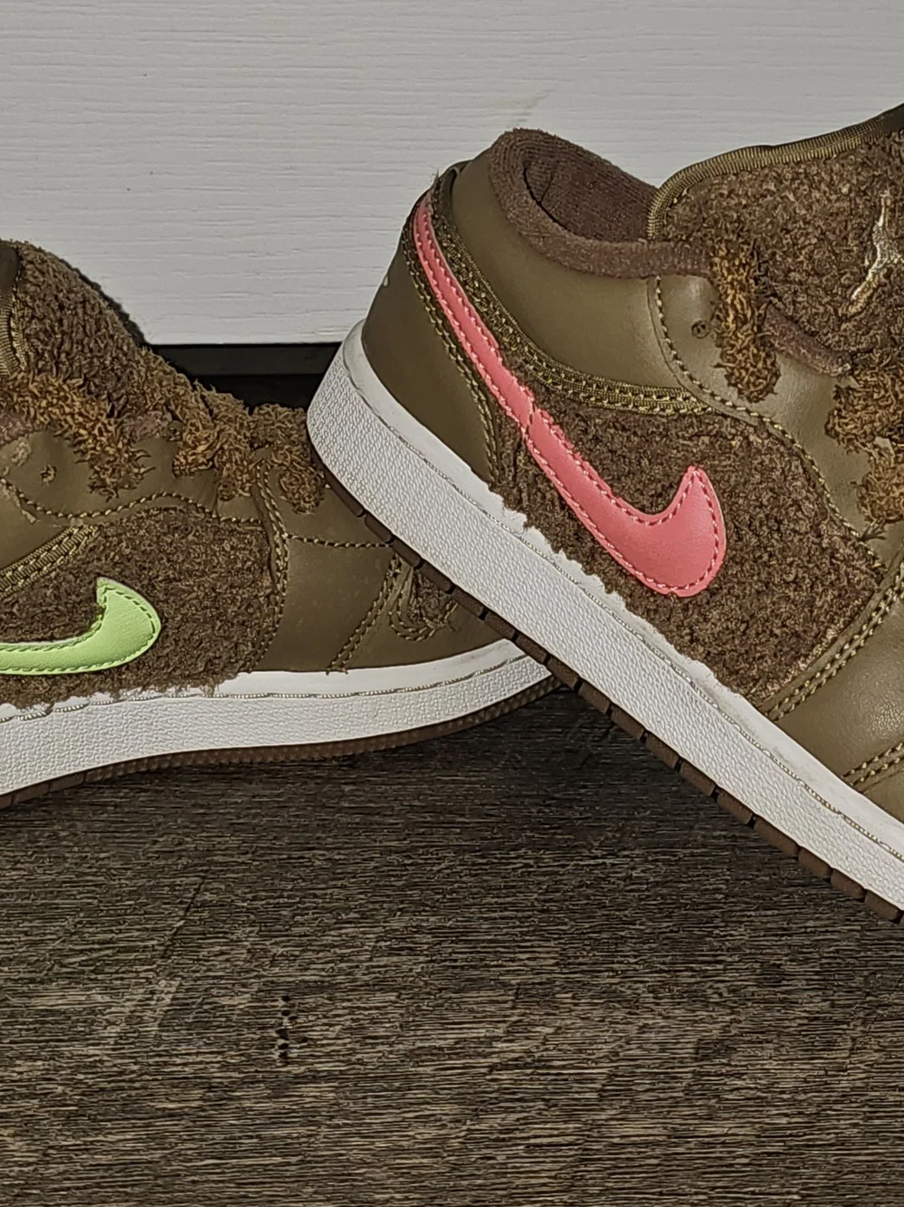 Kids Brown Shearling Sneakers with Blue & Pink Swoosh - Nike